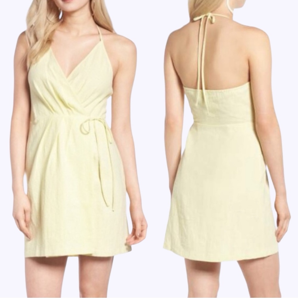 ASTR The Label Linen Blend Halter Wrap Summer Mini Dress Pale Pastel Yellow S
